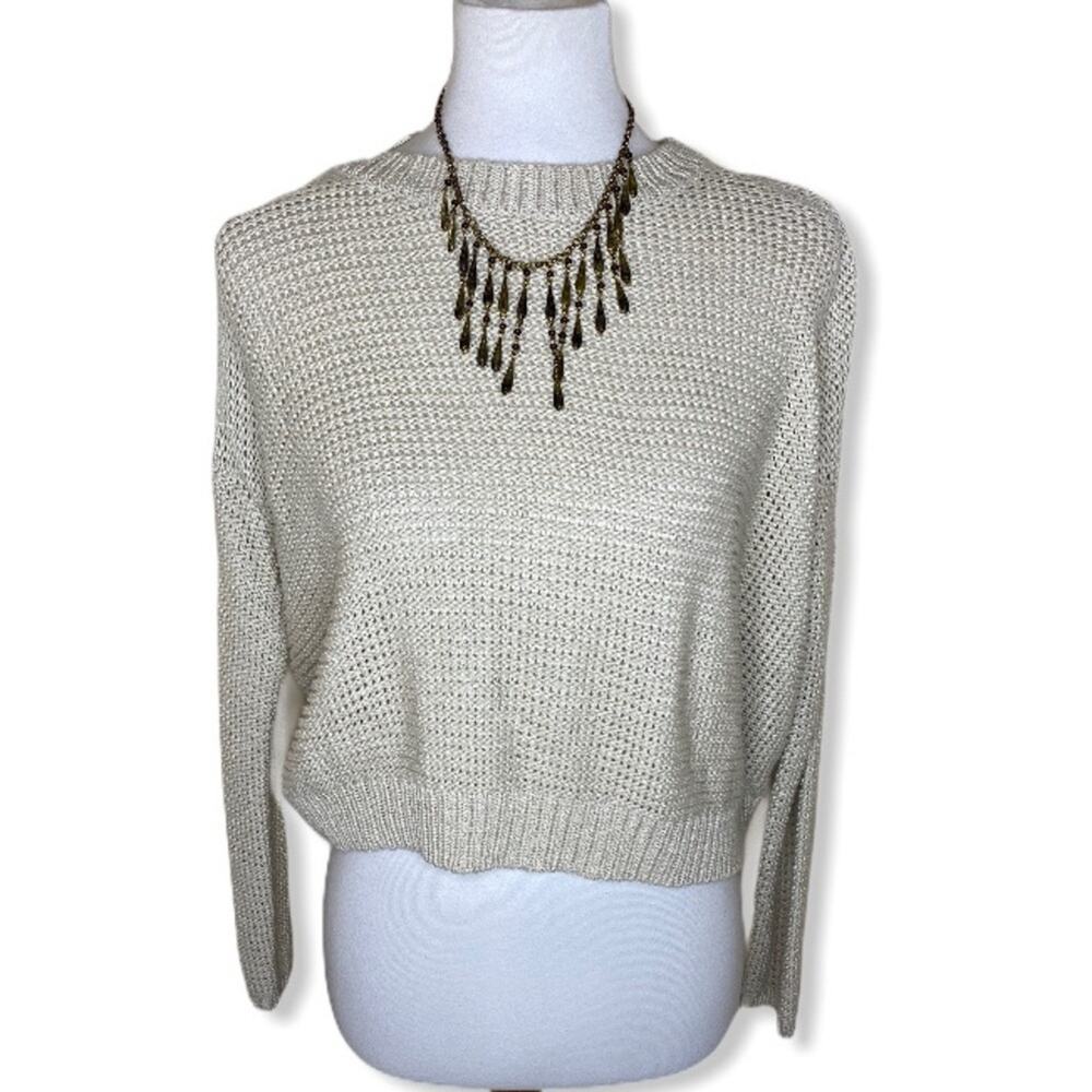 Quinn Cream Boxy Knit Crew Neck Cropped Shaker Knit Sweater Size S
